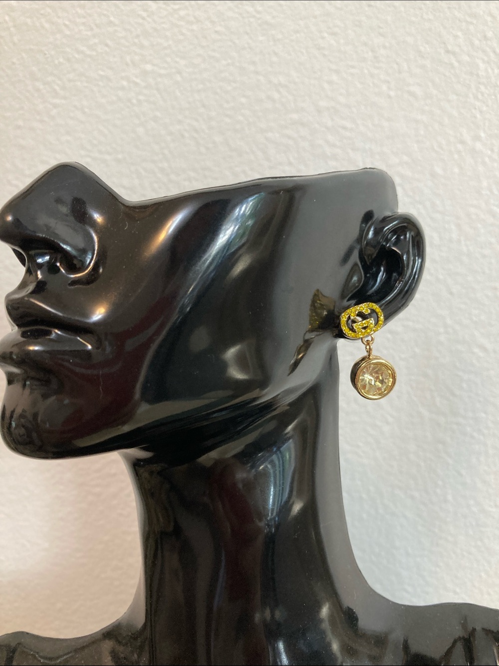 Gucci Gold Logo Drop Earrings with Clear Crystal Charm